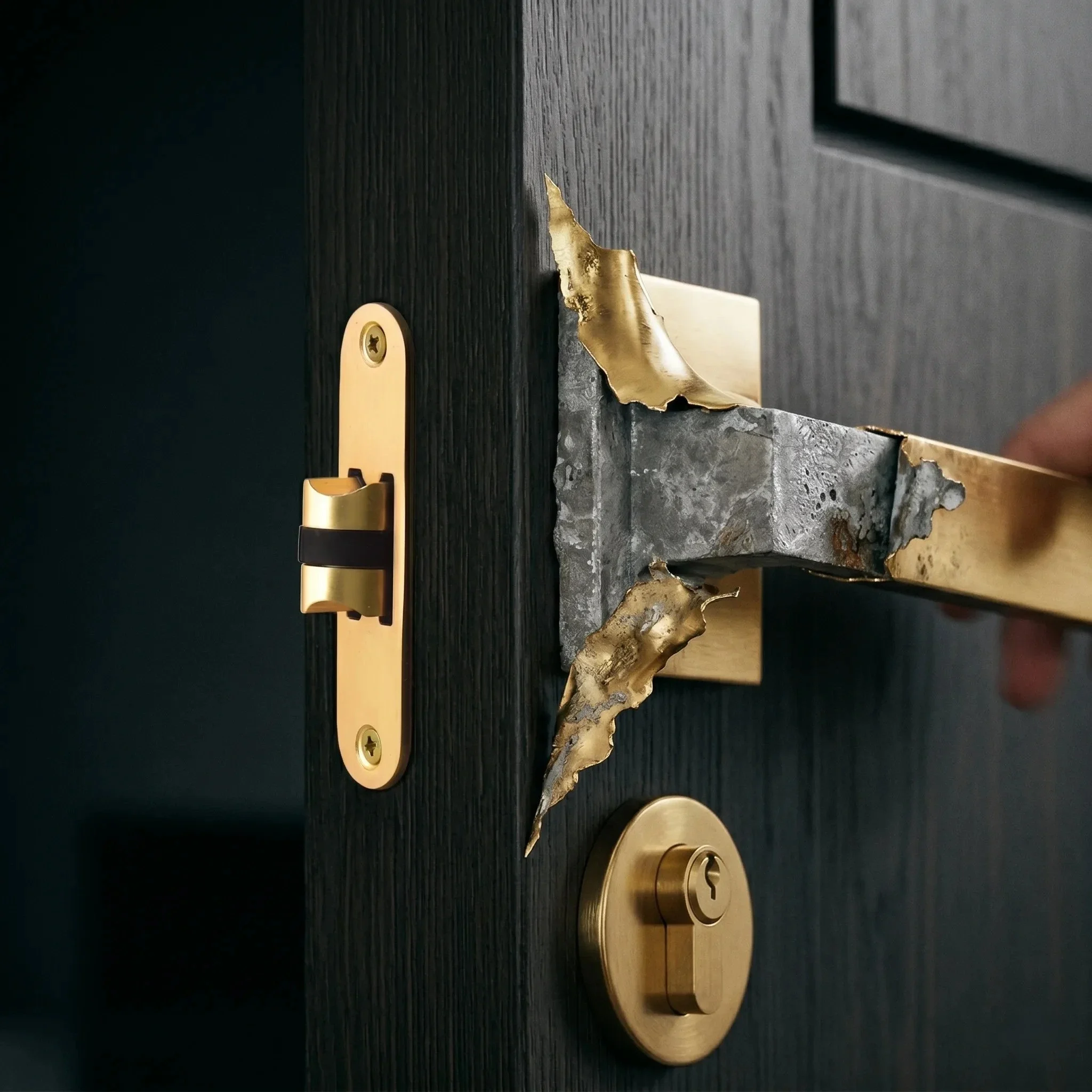 A lock is shown as an example
         which a golden wrapper is scraped out of the product showing its fake.