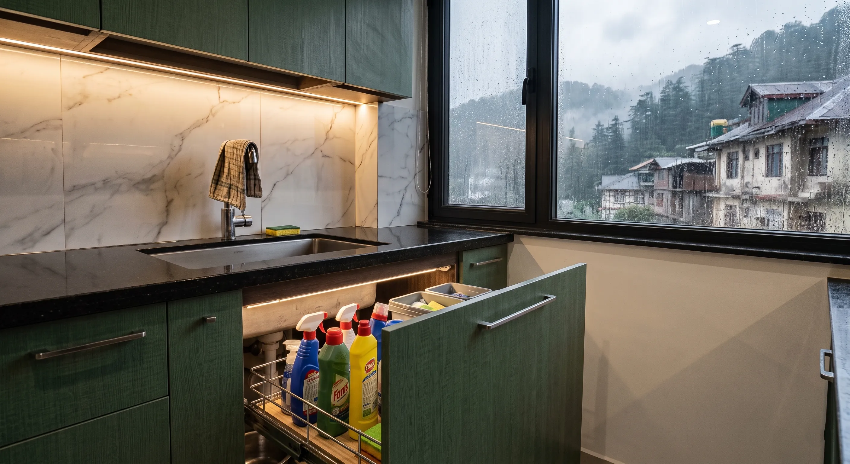 A kitchen design with rainfall outside the window visible showing start of monsoon.